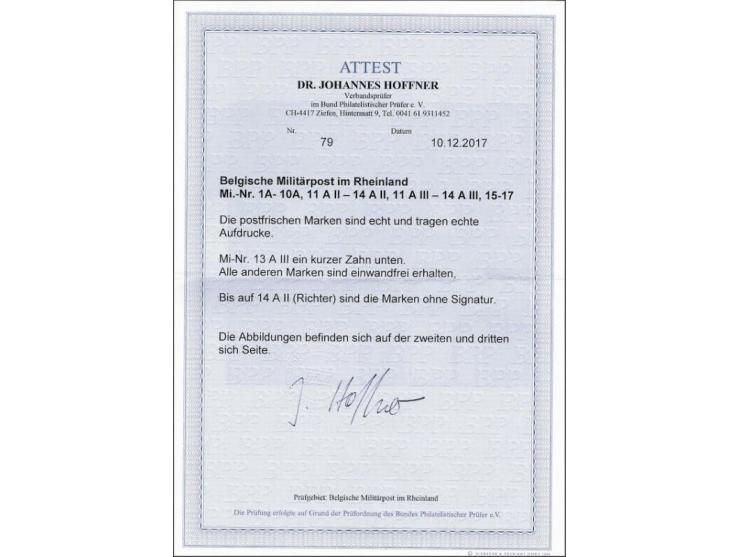 Bezetting van het Rheinland, 1 centiem t/m 10 frank 1e oplage en 1 t/m 10 frank 2e oplage, postfris met certificaat Johannes 