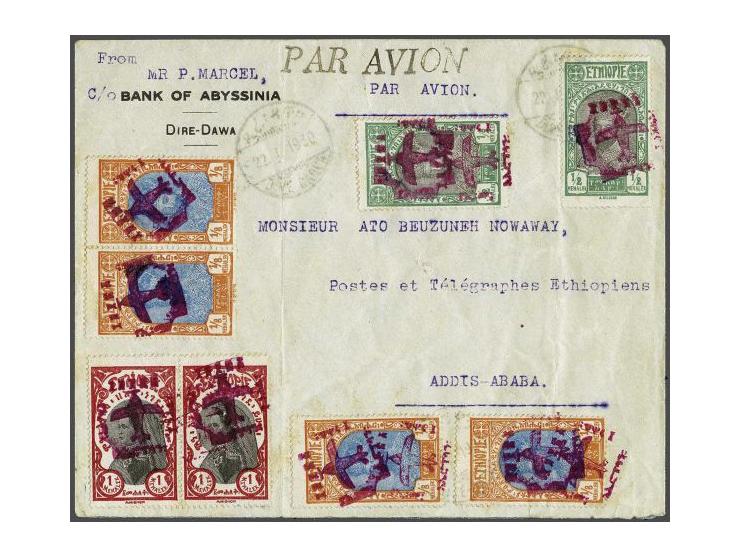 Airmail overprint in purple, 1/8 Menalek (pair and 2 single ex.) the single ex. both with DOUBLE overprint, ½ Menalek (2 ex.)