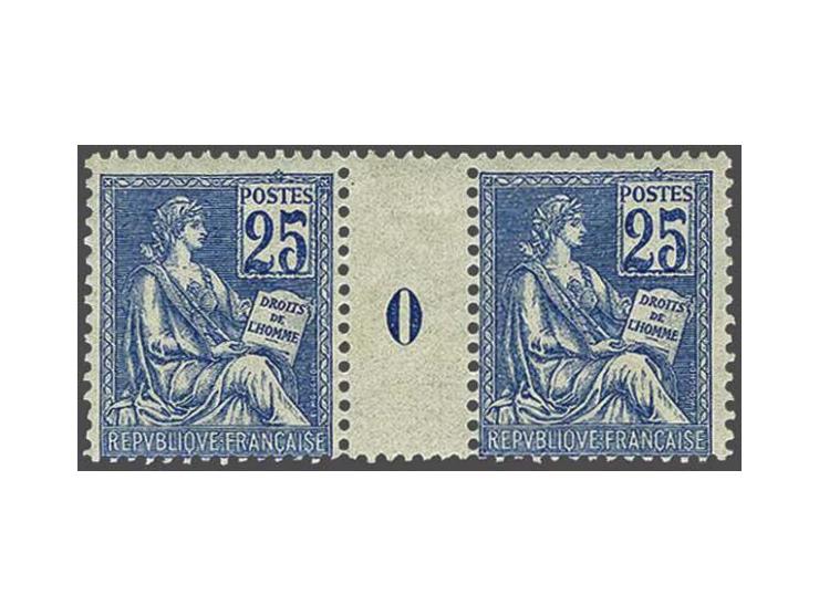 Mouchon 25 centimes blue type I in gutterpair with millésime 0, stamps very fine unmounted mint (hinge trace on gutter), cat.