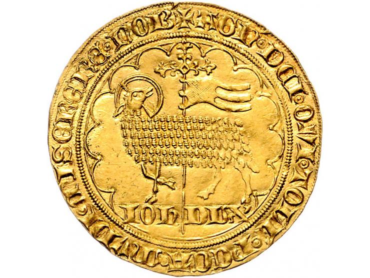 Provinciaal Jeanne en Wenceslas (1355-1383), Dubbele Gouden Lam z.j., geslagen te Volvoorde - VZ Lam Gods naar links, de kop 