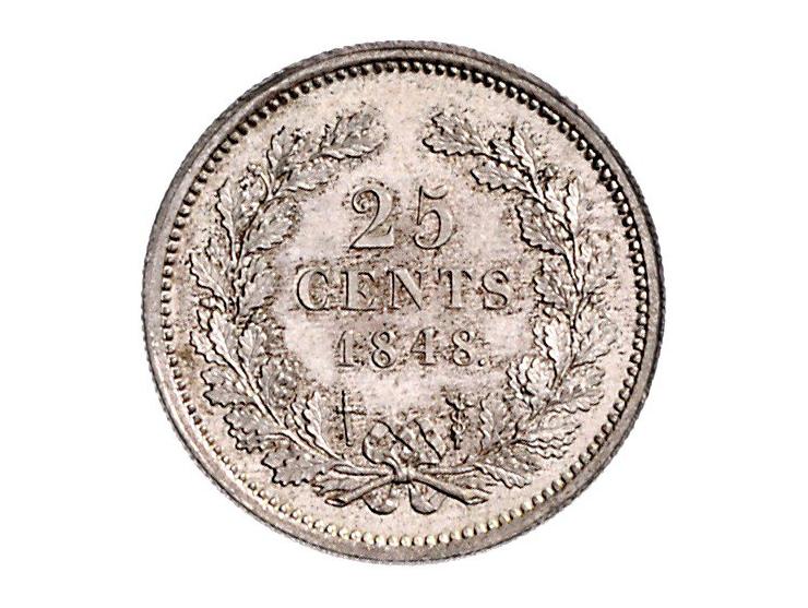 Koninkrijk Willem II, 2 ½ gulden 1849 (ZF), gulden 1847 (F), ½ gulden 1848 (PR) en 25 cent 1848 (PR-)
