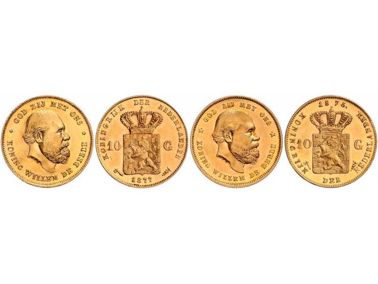 Koninkrijk Willem III 10 gulden goud 1875 en 1877, totaal 2 ex. gem. PR