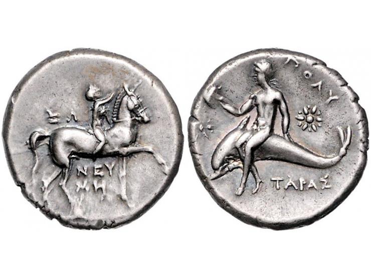 Griekse munten Calabria, Tarentum, Nomos ca. 302-280 BC, AR 6.64 g. - Obv: Boy on horse facing right with Ω above and ΝΕΥ / Μ