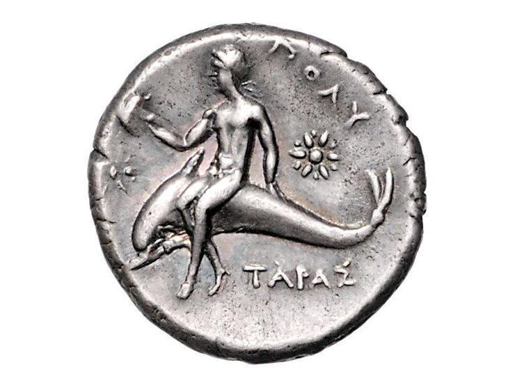 Griekse munten Calabria, Tarentum, Nomos ca. 302-280 BC, AR 6.64 g. - Obv: Boy on horse facing right with Ω above and ΝΕΥ / Μ
