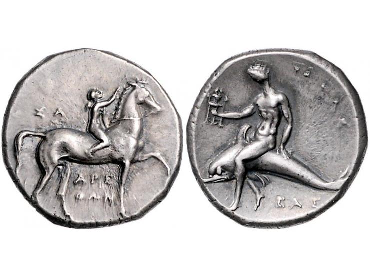 Griekse munten Calabria, Tarentum, Nomos ca 302-280 BC, AR 7.95 g. - Obv: Boy on horse facing right with ΣΑ above and ΑΡΕ / Θ