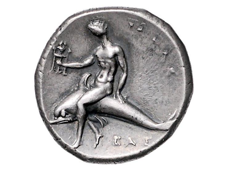 Griekse munten Calabria, Tarentum, Nomos ca 302-280 BC, AR 7.95 g. - Obv: Boy on horse facing right with ΣΑ above and ΑΡΕ / Θ