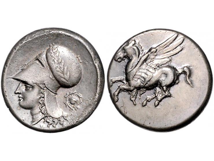 Griekse munten Corinth, Stater ca. 345-307 BC, AR 21 mm, 8.5 g. - Obv: Pegasus flying left with straight wings - Rev. Head of