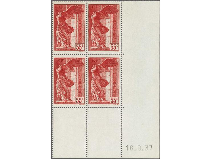 Samothrace 30 centimes green and 55 centimes red in corner margin blocks of 4 with coin daté, very fine unmounted mint, cat.v