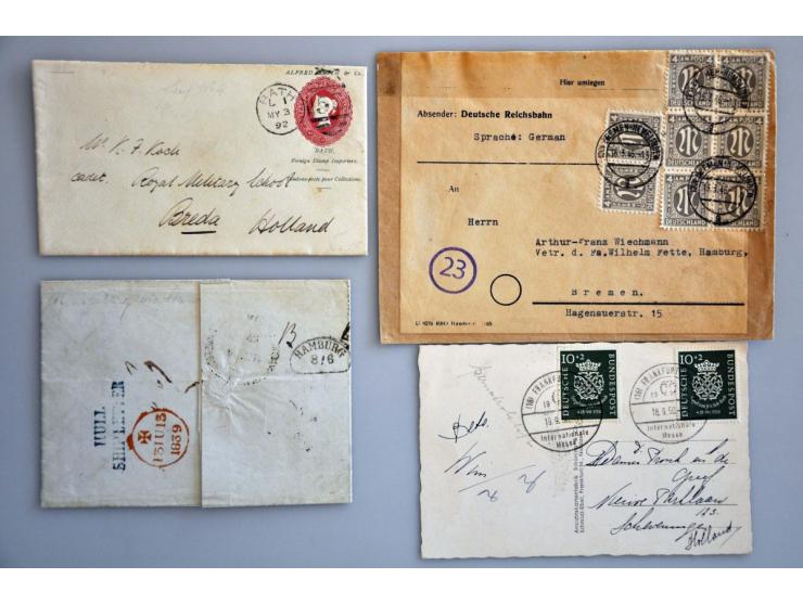 about 110 better covers/postal stationery including China, cover France-Lahore 1857, airmail, prephilatelics etc. in ring bin
