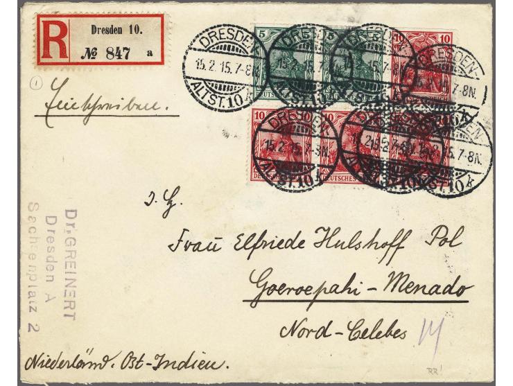 Booklet pane Germania 5 and 10 pfennig on cover from Dresden 15-2-1915 to Menado (isle of Celebes, Dutch East Indies), fine/v