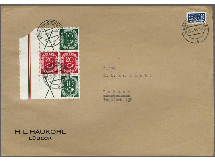 Posthorn vertical se tenants X + 20 pfennig + X and 10 + 20 +10 pfennig on cover from Lensahn 25-2-1953 to Lübeck, very fine,
