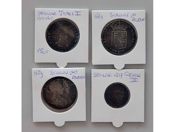 Lot of 4 silver coins, shilling James I, 2nd bust; 1/2 crown 1689 William and Mary 1st and 2nd reverse and a shilling 1817 Ge