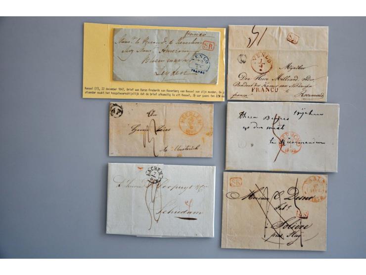 EO poststukken Limburg 1642-1853 w.b. grootformaat SR, SR in kastje, brievenbusstempeltjes C, O, G, L,X, AE, AF, grensstempel