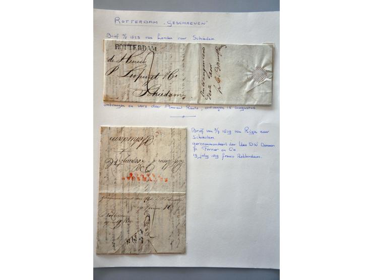 voorfilatelie, ca. 45 brieven vanaf 1765 verzonden via forwarding agents, meest met geschreven vermerken, in doosje