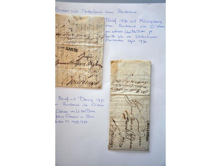 voorfilatelie, ca. 45 brieven vanaf 1765 verzonden via forwarding agents, meest met geschreven vermerken, in doosje