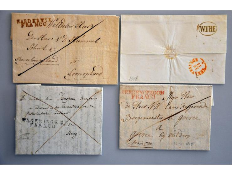 73 meest betere EO poststukken vanaf ca. 1680 w.b. 3-stuiverstempels, departementstempels (118 Woerden, 120 Deventer, 118  Za