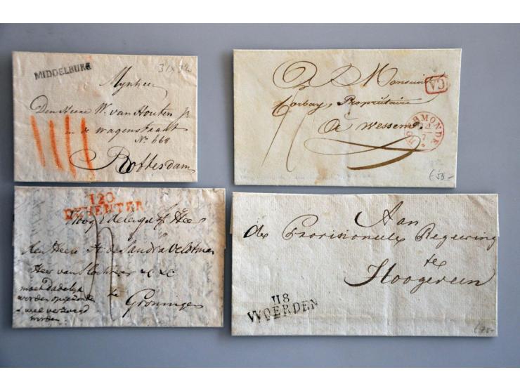 73 meest betere EO poststukken vanaf ca. 1680 w.b. 3-stuiverstempels, departementstempels (118 Woerden, 120 Deventer, 118  Za