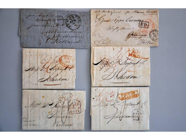46 poststukken 1821-1865 naar Nederland uit USA (44x) en Brazilië (2x) via Engeland (enkele forwarded London of New York) of 
