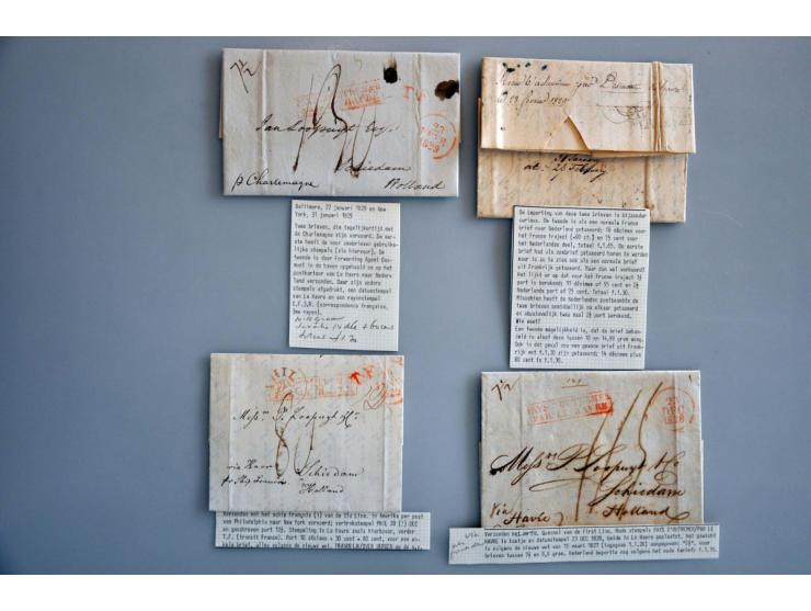 46 poststukken 1821-1865 naar Nederland uit USA (44x) en Brazilië (2x) via Engeland (enkele forwarded London of New York) of 