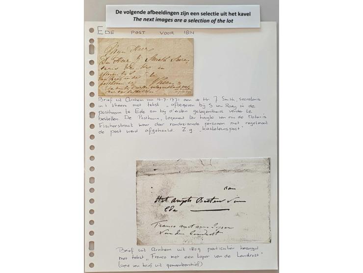 postgeschiedenis Ede 35 poststukken w.b. kasteleinsbrief uit Arnhem 1771, dienstkaart Ede-Oosterbeek 17.X.1944 en retour afze