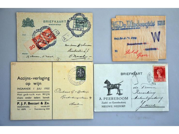 ruim 500 post(waarde)stukken w.b. stempels, veel geïllustreerde firma-enveloppen, kaart met handtekening Kees Verkerk, brief 