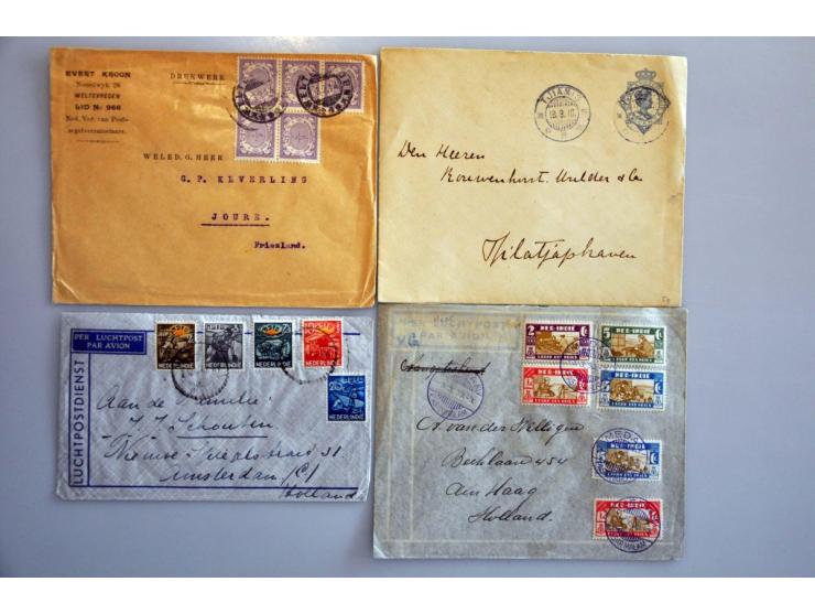 post(waarde)stukken, ruim 250 ex. w.b. stempels (o.a. kleinrond, puntvlak, kortebalk, noodport stempel Batavia), luchtpost, p