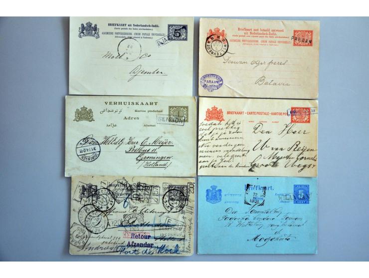 post(waarde)stukken, ruim 250 ex. w.b. stempels (o.a. kleinrond, puntvlak, kortebalk, noodport stempel Batavia), luchtpost, p