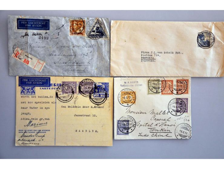 post(waarde)stukken, ruim 250 ex. w.b. stempels (o.a. kleinrond, puntvlak, kortebalk, noodport stempel Batavia), luchtpost, p