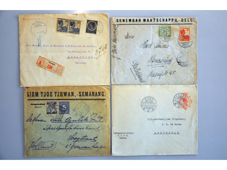 post(waarde)stukken, ruim 250 ex. w.b. stempels (o.a. kleinrond, puntvlak, kortebalk, noodport stempel Batavia), luchtpost, p