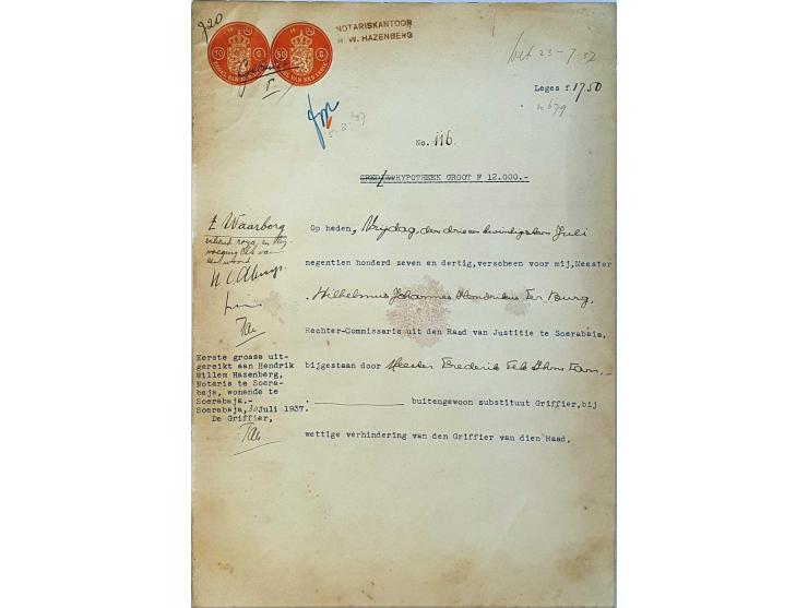 fiscaal meest gezegeld papier (akten) w.b. hoge waarden vanaf 1818 in 12 mappen in doos&nbsp;&nbsp;