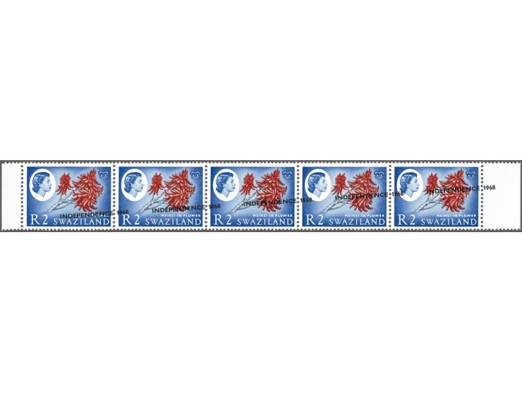 1968 Independence 2r. a horizontal strip of five ex. with both margins with the error overprint at a 4-degree angle and shift