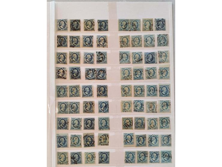 emissie 1852, nrs. 1 (90x w.b. 5 paartjes), 2 (35x) en 3 (5x) in mooie kwaliteit op insteekblad