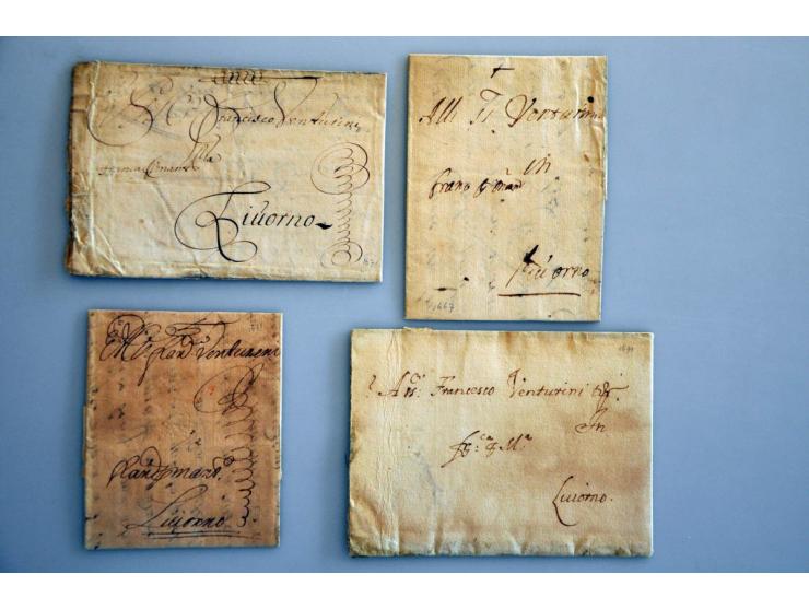 12 poststukken naar buitenland met 4x franco Mantua (1667-1671), (zwak) 2-regelig Zelande/ PAR GAND (brief 1803) en combinati