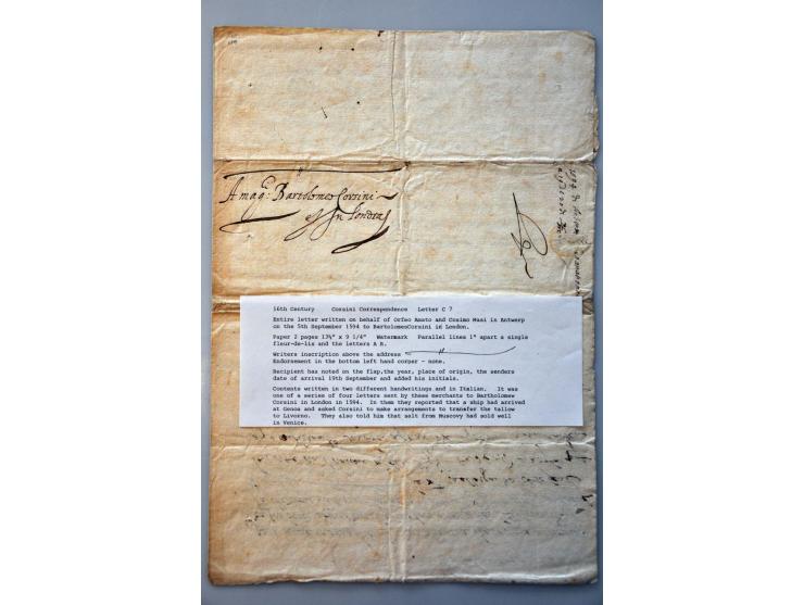 10 complete Corsini-brieven van Antwerpen naar London 1591-1600, enkele met postale aanduidingen als pqta en ptto (port betaa