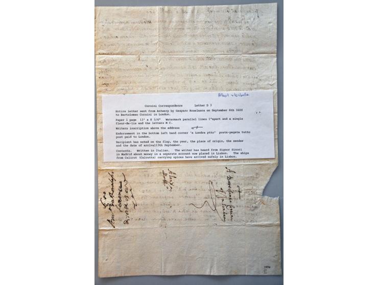10 complete Corsini-brieven van Antwerpen naar London 1591-1600, enkele met postale aanduidingen als pqta en ptto (port betaa