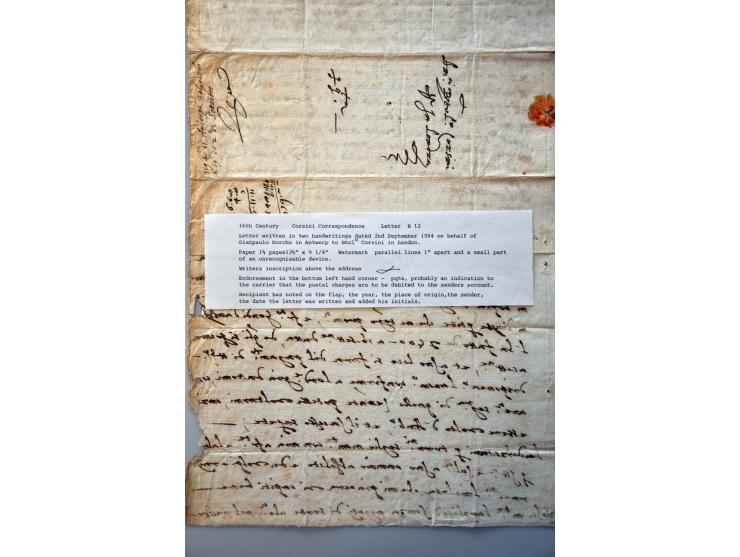 10 complete Corsini-brieven van Antwerpen naar London 1591-1600, enkele met postale aanduidingen als pqta en ptto (port betaa