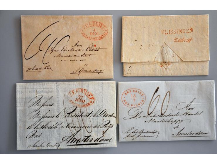 poststukken met ovale zeebrief stempels w.b. rood ZEE-BRIEF AMSTERDAM op drukwerk uit Pernambuco (1833), rood ZEE-BRIEF DEN H