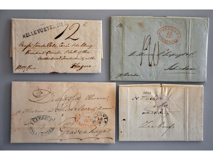 4 zeebrieven resp. Boston-Schiedam 1822 met geschreven Zeebrief op achterzijde (zonder aankomststempel), brief Baltimore-Hagu