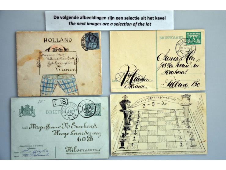 verluchtigde briefkaarten en enveloppen (ca. 50 ex.) tussen 1900-1940 w.b. aquarellen, postzegelkunst, tekeningen etc. Tevens