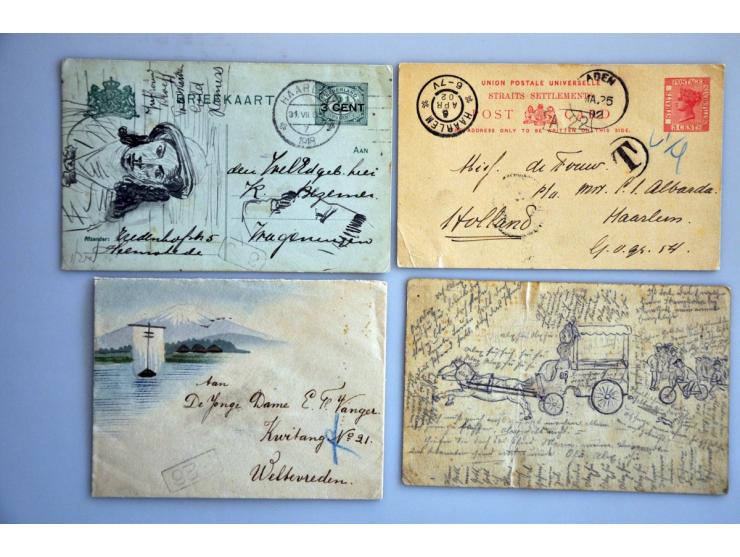 verluchtigde briefkaarten en enveloppen (ca. 50 ex.) tussen 1900-1940 w.b. aquarellen, postzegelkunst, tekeningen etc. Tevens