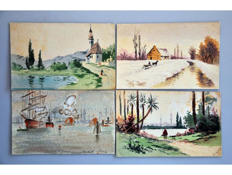 verluchtigde briefkaarten en enveloppen (ca. 50 ex.) tussen 1900-1940 w.b. aquarellen, postzegelkunst, tekeningen etc. Tevens
