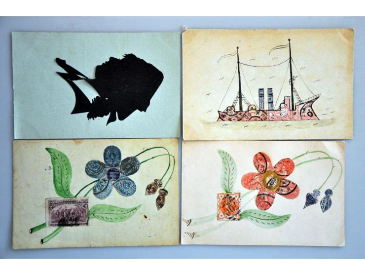 verluchtigde briefkaarten en enveloppen (ca. 50 ex.) tussen 1900-1940 w.b. aquarellen, postzegelkunst, tekeningen etc. Tevens