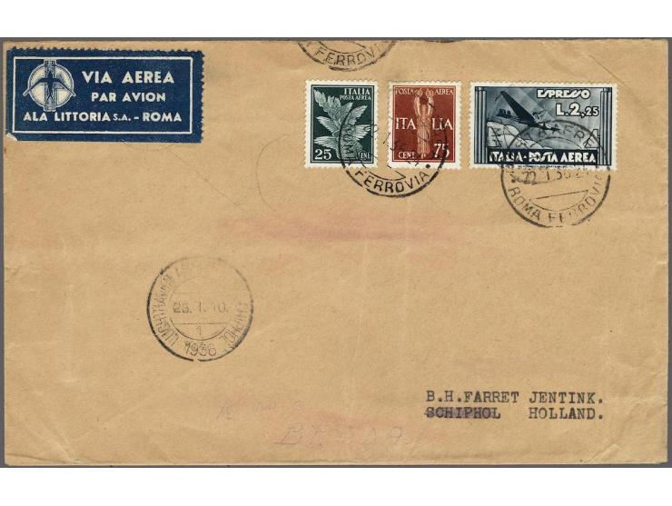 Airmail 25 centesimi dark green, 75 centesimi yellow brown and 2,25 lire grey black on cover from Rome 22-1-1936 to Schiphol 