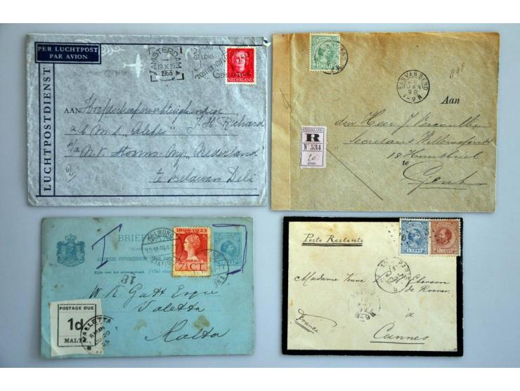13 post(waarde)stukken w.b. nr. 15 (5x w.b. strip van 4) op envelop naar Amsterdam, nr. 40 op aangetekende envelop Sas van Ge