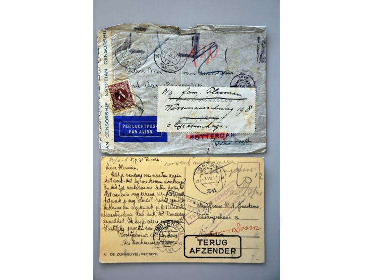 WO2, 45 poststukken van/naar Nederland en buitenland, w.b. censuur, verbroken verbinding etc.
