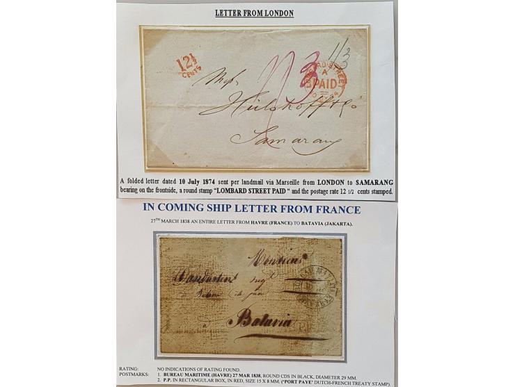2 brieven van BUREAU MARITIME 27 MAR 1838 naar Batavia en LOMB.STREET A PAID 10 jy 74 naar Semarang met rood stempel 12½ cent