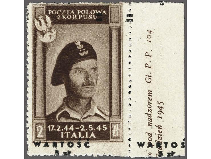 Corps in Italy, General Anders 5 on 2 zloty brown black with variety overprint shifted downwards (Sassone no. 2b) with sheet 