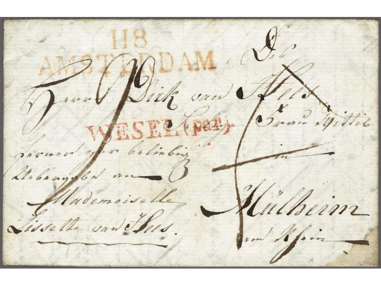 118 AMSTERDAM in rood op vouwbrief uit Weesp 14-5-1811 naar Mühlheim am Rhein (Pruissen) met het zeldzame transitstempel WESE