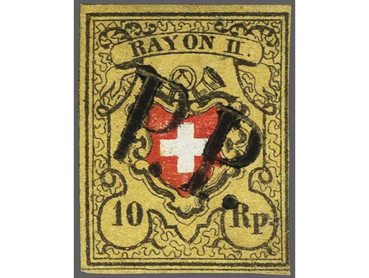 Rayon II 10 rappen black and red on yellow, printing stone A1 type 6 (Zst. 16IIf), fine/very fine with 1961 Hunziker certific