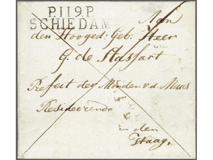 P.119.P. SCHIEDAM in zwart, pracht afdruk op brief 19-11-1811 naar Den Haag, 2 déc vooruitbetaald port op rekening,&nbsp;prac